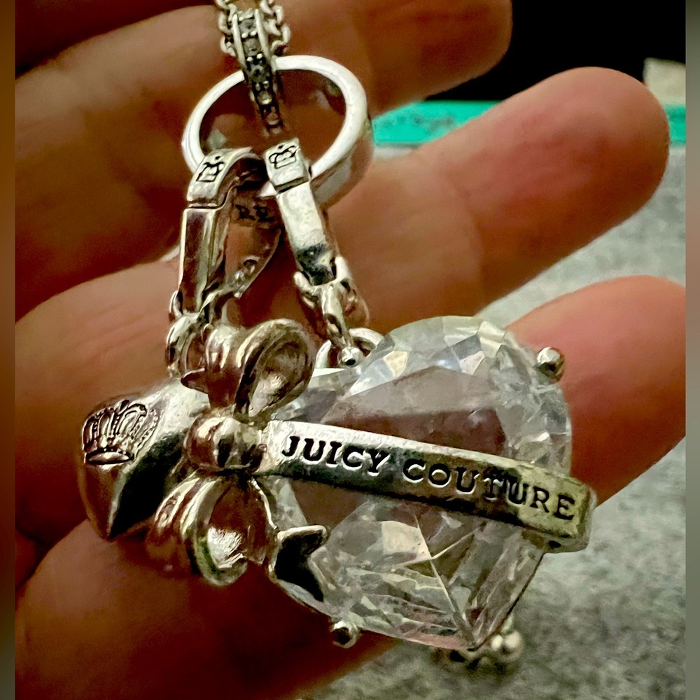 Vintage Juicy Couture Crystal Heart Silver Charm Necklace